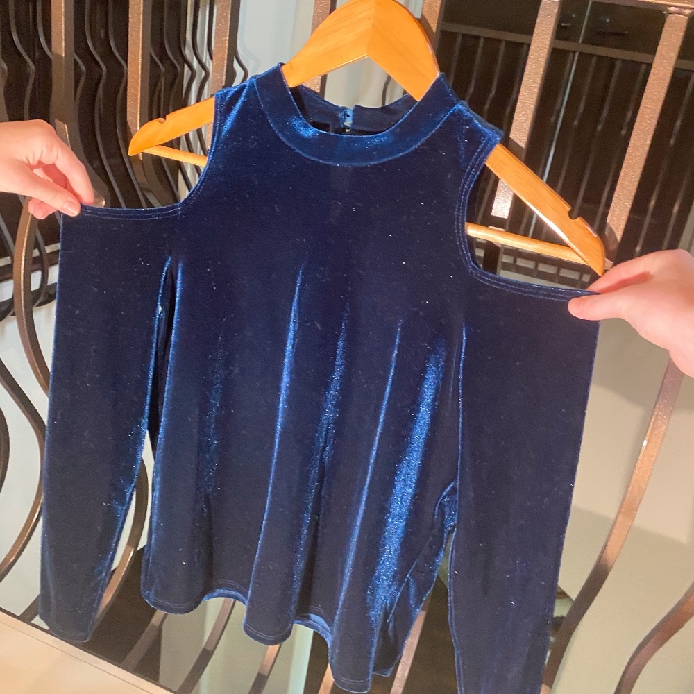 blue velvet cold shoulder long sleeve top
